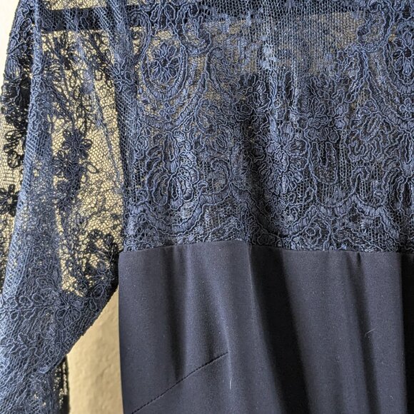 David Meister Full Length Long Sleeve Lace and Jersey Navy Gown  14 - Picture 10 of 11